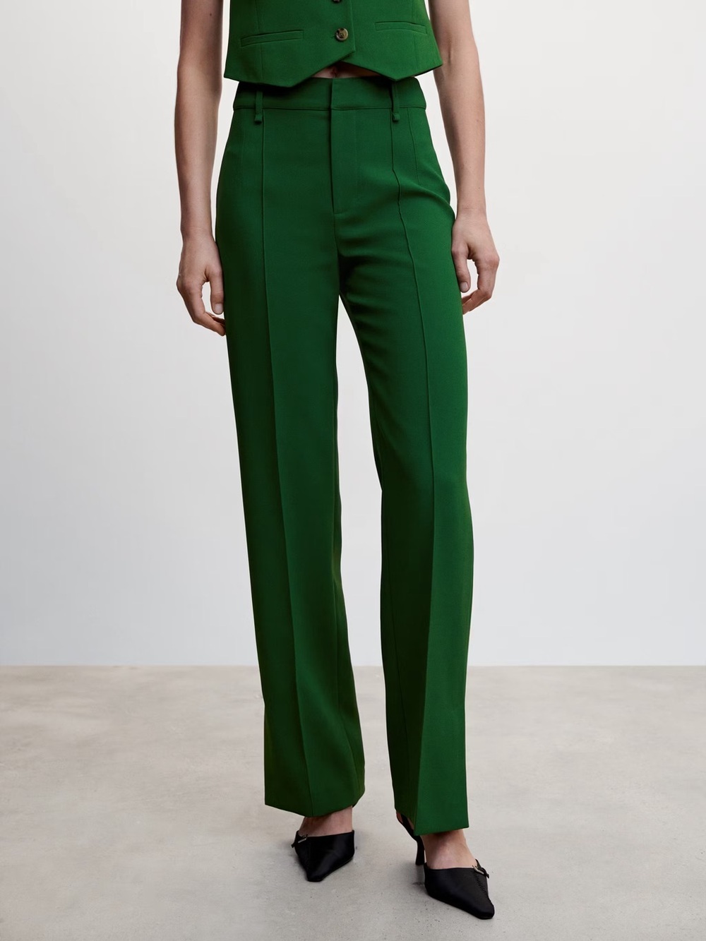 Mango Emerald Green High-Waist Straight Leg Trousers